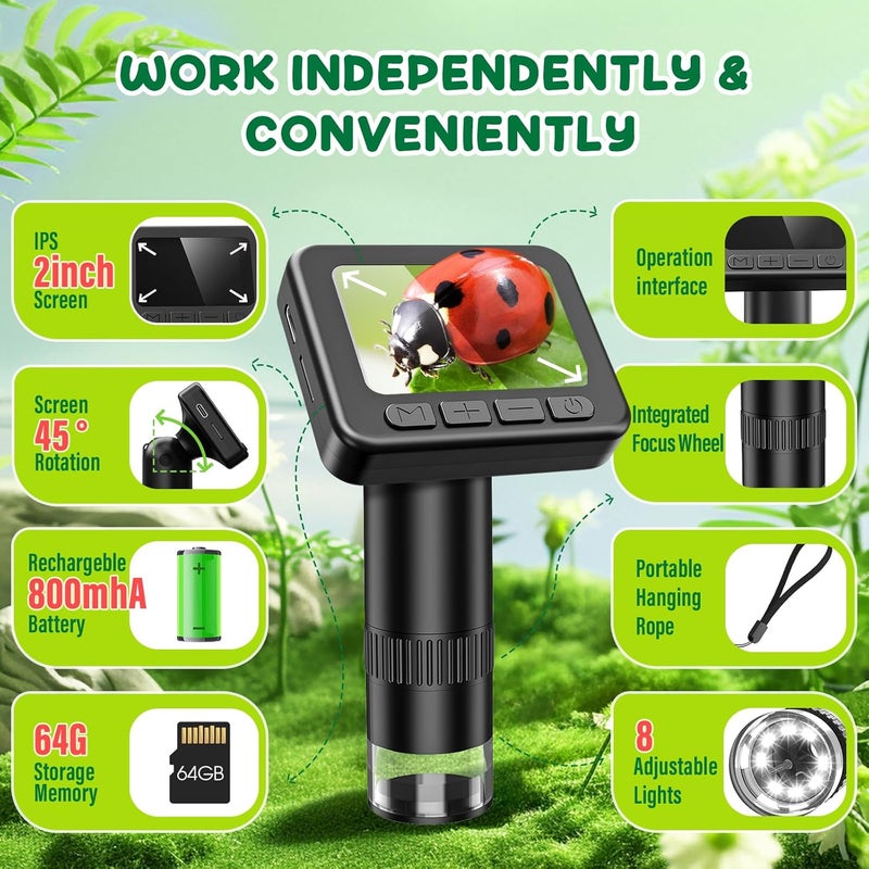 IMICHI Microscope for Kids 50X-1000X Magnification- 2 inch IPS HD Screen, 32GB storage Card, 1080P Video, 2-Hour Battery Life, Easy Carry, Slides Included - Perfect Science Kit Gift for Kids Ages 8-12 - Image 2